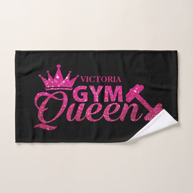 Funky hot pink personalized faux glitter Gym Queen Hand Towel (Hand Towel)