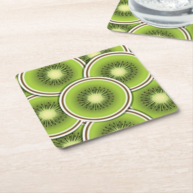 Funky kiwi fruit square paper coaster (Angled)