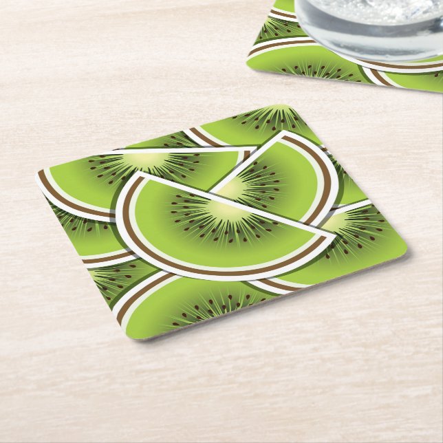 Funky kiwi fruit wedges square paper coaster (Angled)