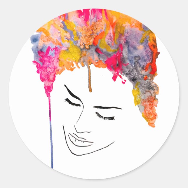 Funky lady psychedelic crazy hair classic round sticker (Front)