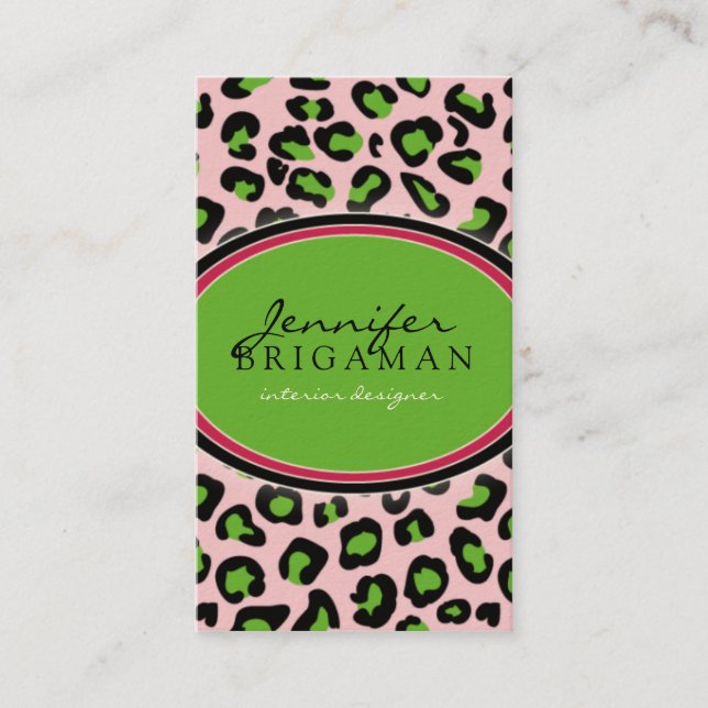 Funky Leopard Print Business Card :: green/pink (Front)
