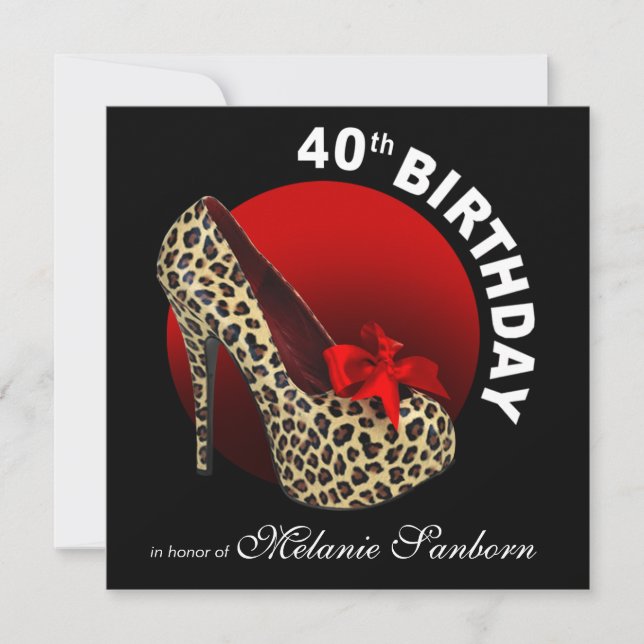 Funky Leopard Stiletto 40th Birthday black red Invitation (Front)