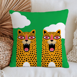 Funky Leopards on Bright Green Maximalist Animal Cushion