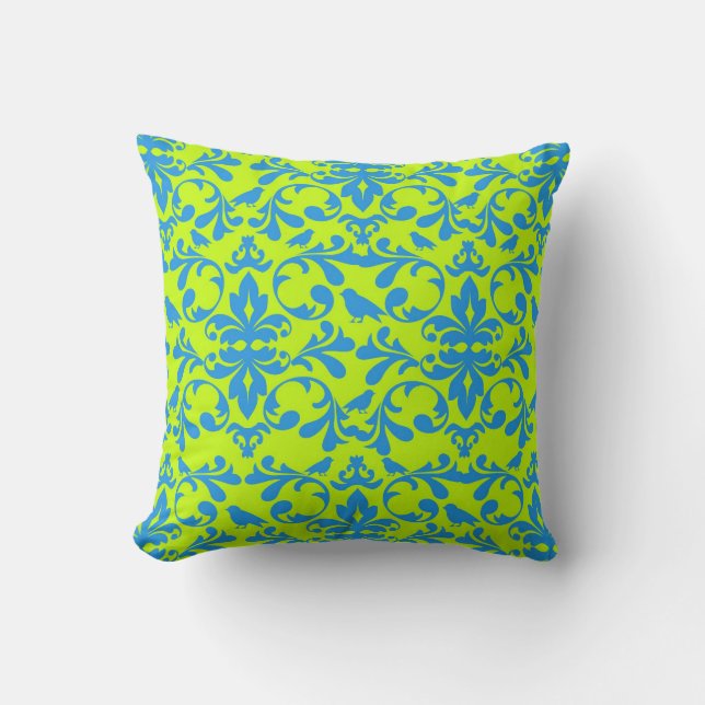 funky lime green bright blue bird damask pattern cushion (Front)