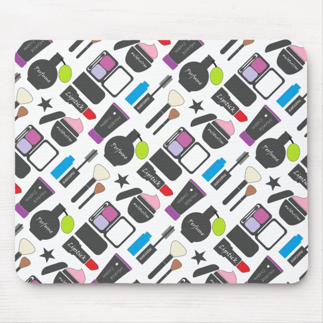 Funky Makeup Cosmetics Collage Pattern Mouse Pad (Front)
