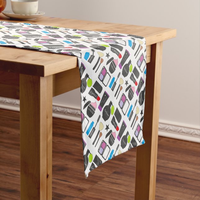 Funky Makeup Cosmetics Collage Pattern Short Table Runner (In Situ)