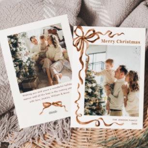 Funky Merry Christmas Boho Bow Ribbon 2 Photo Holiday Card