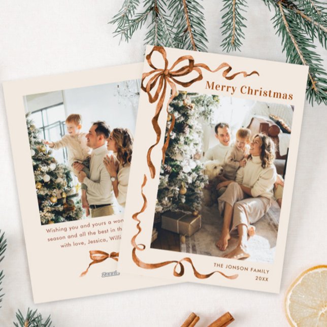 Funky Merry Christmas Boho Bow Ribbon 2 Photo Holiday Card (Creator Uploaded)