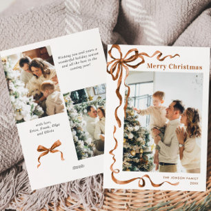Funky Merry Christmas Boho Bow Ribbon 3 Photo Holiday Card