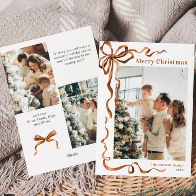 Funky Merry Christmas Boho Bow Ribbon 3 Photo Holiday Card (Creator Uploaded)