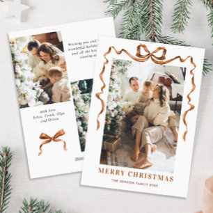 Funky Merry Christmas Boho Bow Ribbon 3 Photo Holiday Card