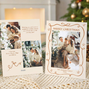 Funky Merry Christmas Boho Bow Ribbon 3 Photo Holiday Card