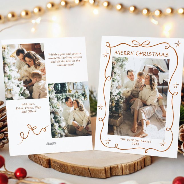 Funky Merry Christmas Boho Bow Ribbon 3 Photo Holiday Card (Creator Uploaded)