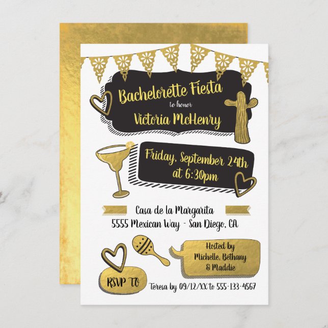 Funky Mexican Fiesta Gold Foil Bachelorette Party Invitation (Front/Back)