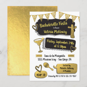 Funky Mexican Fiesta Gold Foil Bachelorette Party Invitation