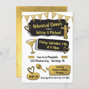 Funky Mexican Fiesta Gold Foil Rehearsal Dinner Invitation