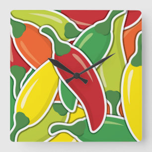 Funky mixed chilli peppers square wall clock