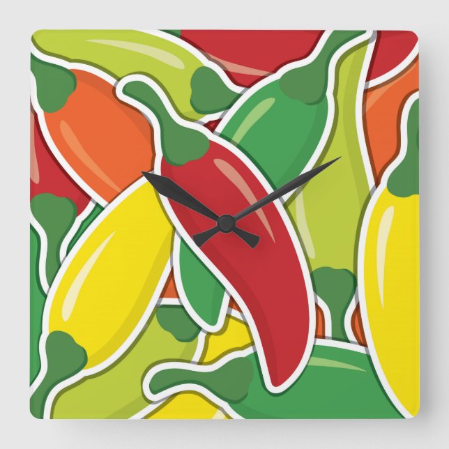 Funky mixed chilli peppers square wall clock (Front)