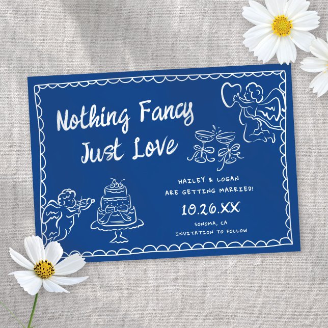 Funky Modern Nothing Fancy Hand-Drawn Blue Wedding Save The Date (Creator Uploaded)