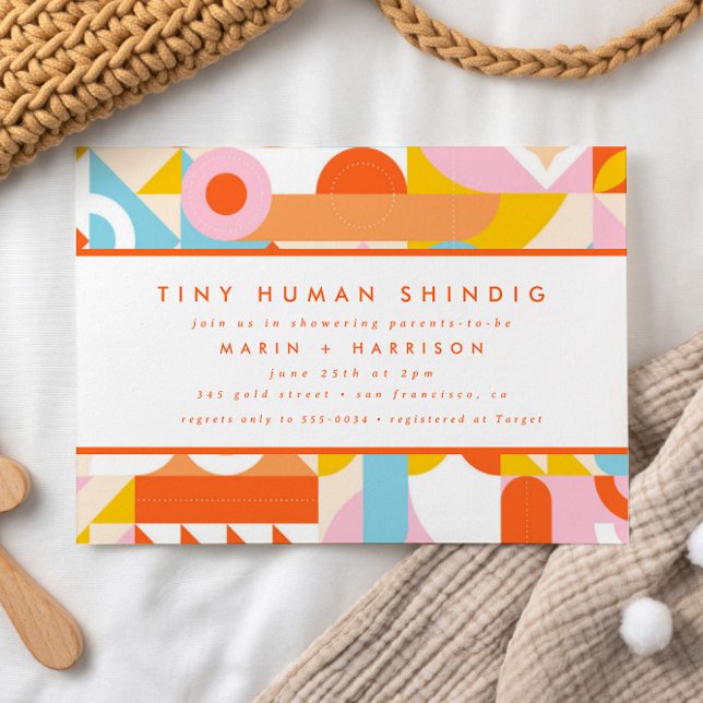 Funky Modern Orange Tiny Human Shindig Baby Shower Invitation (Creator Uploaded)