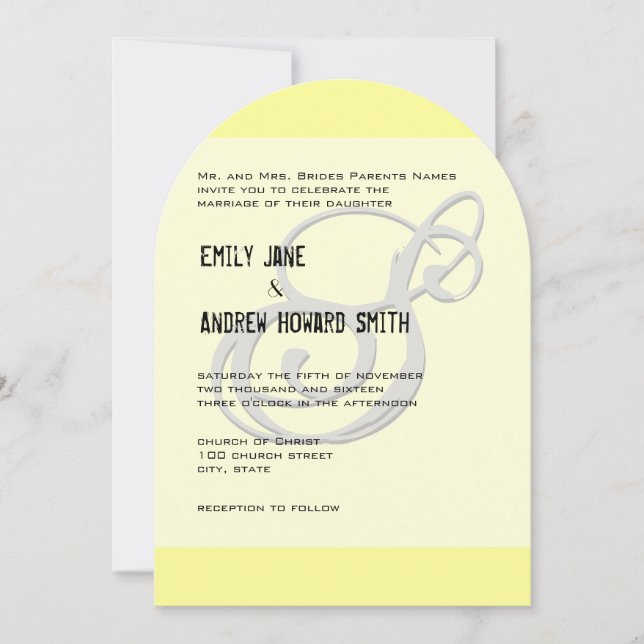 Funky Monogram Elegant Yellow Gray Silver Metallic Invitation (Front)