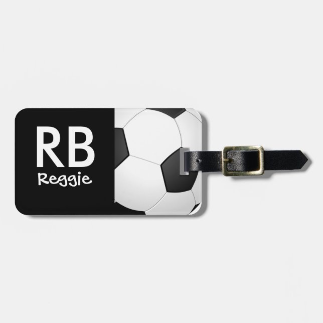 Funky Monogrammed Soccer Ball Luggage Tag (Front Horizontal)