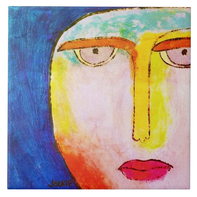 Funky Moon Face Abstract Painting Ceramic Tile (Front)