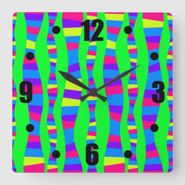 Funky Neon Colours Retro Modern Pattern Square Wall Clock (Front)
