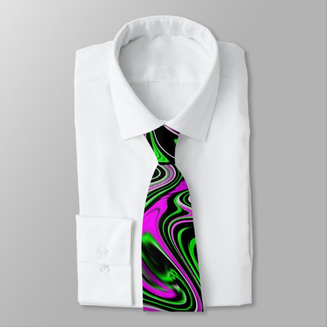 Funky Neon Green Pink and Black Wet Paint Swirl Tie (Tied)