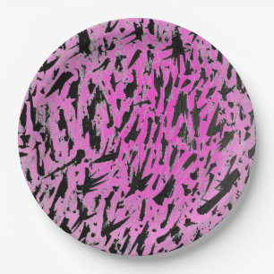 Funky Neon Pink and Black Print Paper Plate