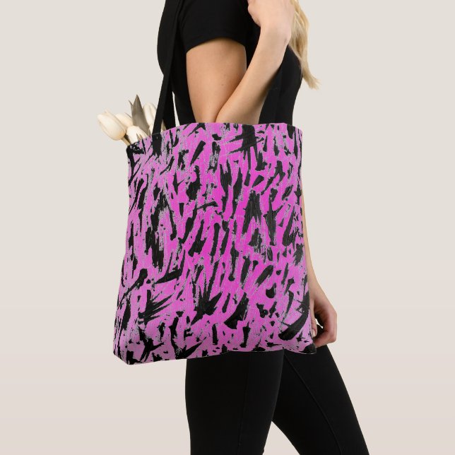 Funky Neon Pink and Black Print Tote Bag (Close Up)