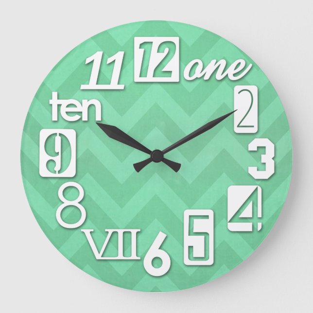 Funky Numbra Mint Green Chevron Large Clock (Front)