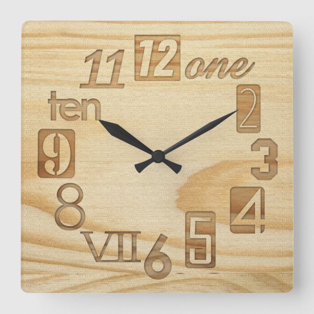 Funky Numbra  "Wood grain" Square Wall Clocks (Front)