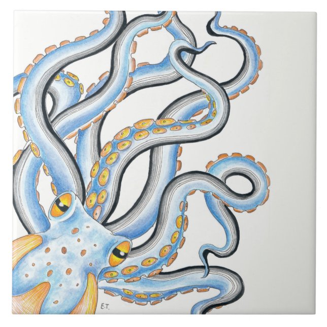 Funky Octopus Ink Blue Orange Ceramic Tile (Front)