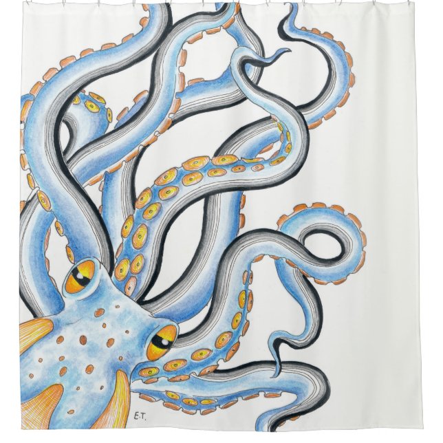 Funky Octopus Ink Blue Orange Shower Curtain (Front)