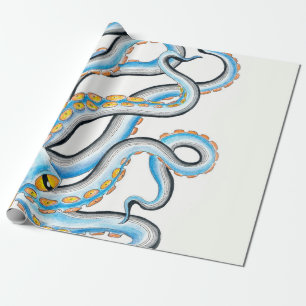 Funky Octopus Ink Blue Orange Wrapping Paper