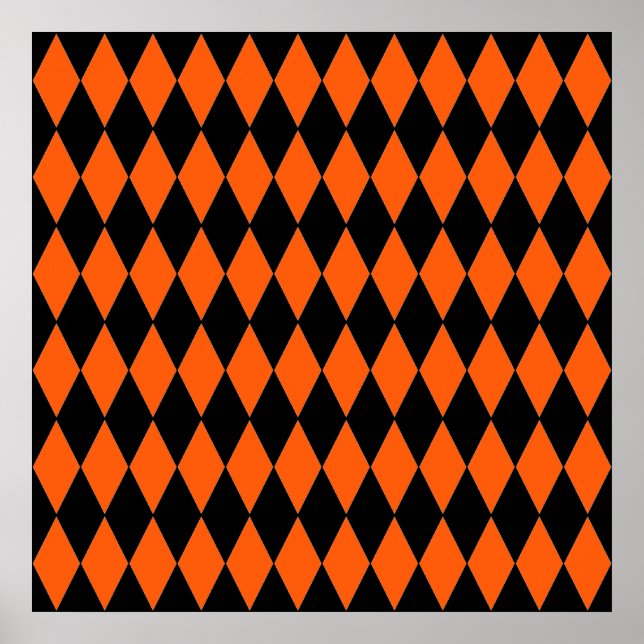 Funky Orange and Black Diamond Harlequin Pattern Poster (Front)