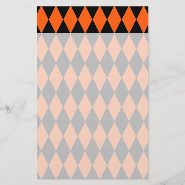 Funky Orange and Black Diamond Harlequin Pattern Stationery (Front)