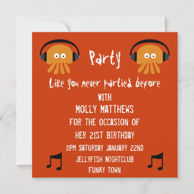 Funky Orange Jellyfish DJ party Invitation (Front)