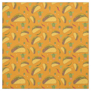 Funky Orange Mexican Food Tacos and Chillies Print Fabric