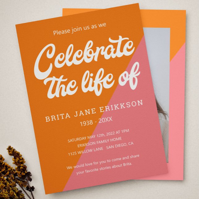 Funky Orange Pink Retro Celebration of Life Photo Invitation (Creator Uploaded)