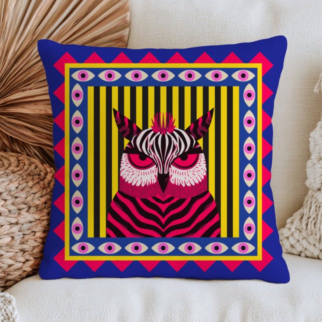 Funky Owl in Zebra Pattern Yellow Stripes Blue  Cushion (Creator Uploaded)