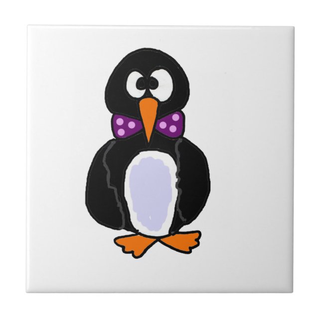 Funky Penguin Wearing Purple Bow Tie Cartoon Ceramic Tile (Front)