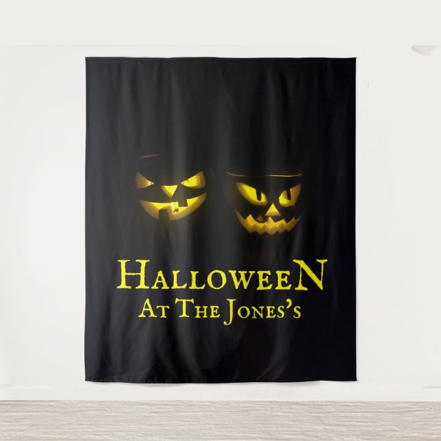 Funky personalized yellow  black Halloween pumpkin Tapestry (Front)
