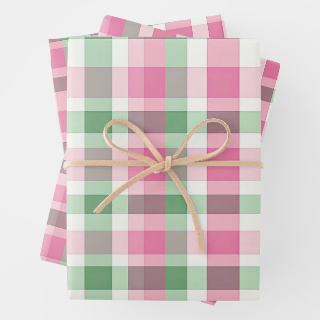 Funky Pink And Green Plaid Tartan  Pattern Wrapping Paper Sheet (In situ)