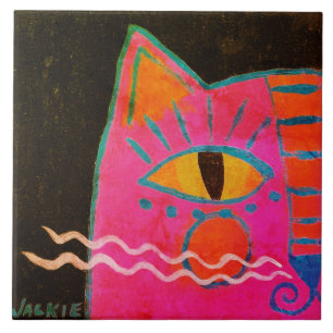Funky Pink Cat Painting Ceramic Tile