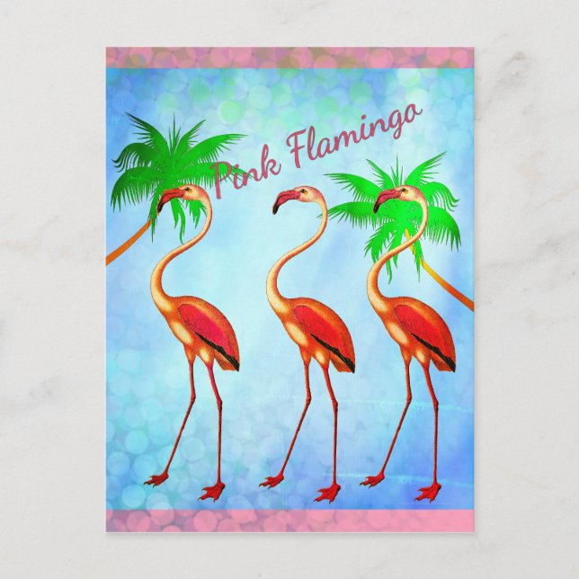 Funky Pink Flamingos Palm Trees Blue Sky Postcard (Front)