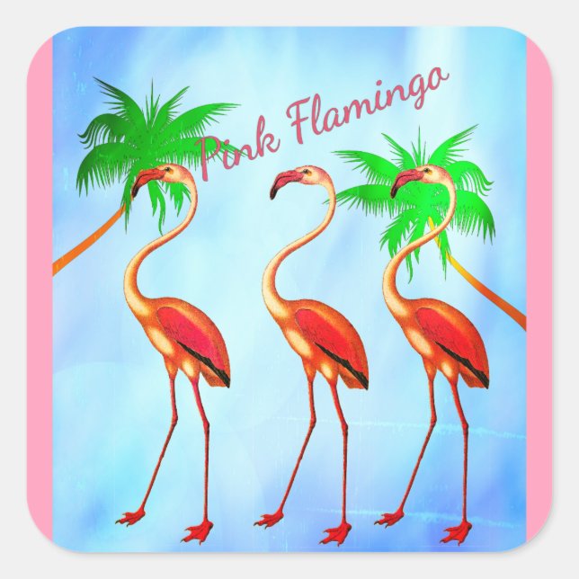 Funky Pink Flamingos Palm Trees Blue Sky Square Sticker (Front)