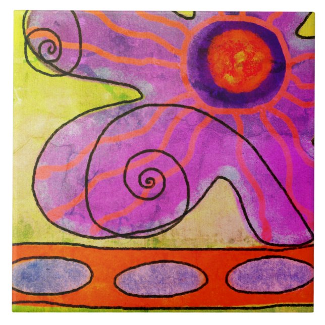 Funky Pink Flower Abstract Painting Ceramic Tile (Front)