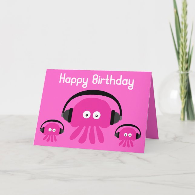 Funky Pink Jellyfish DJ Birthday Greeting Card (Front)